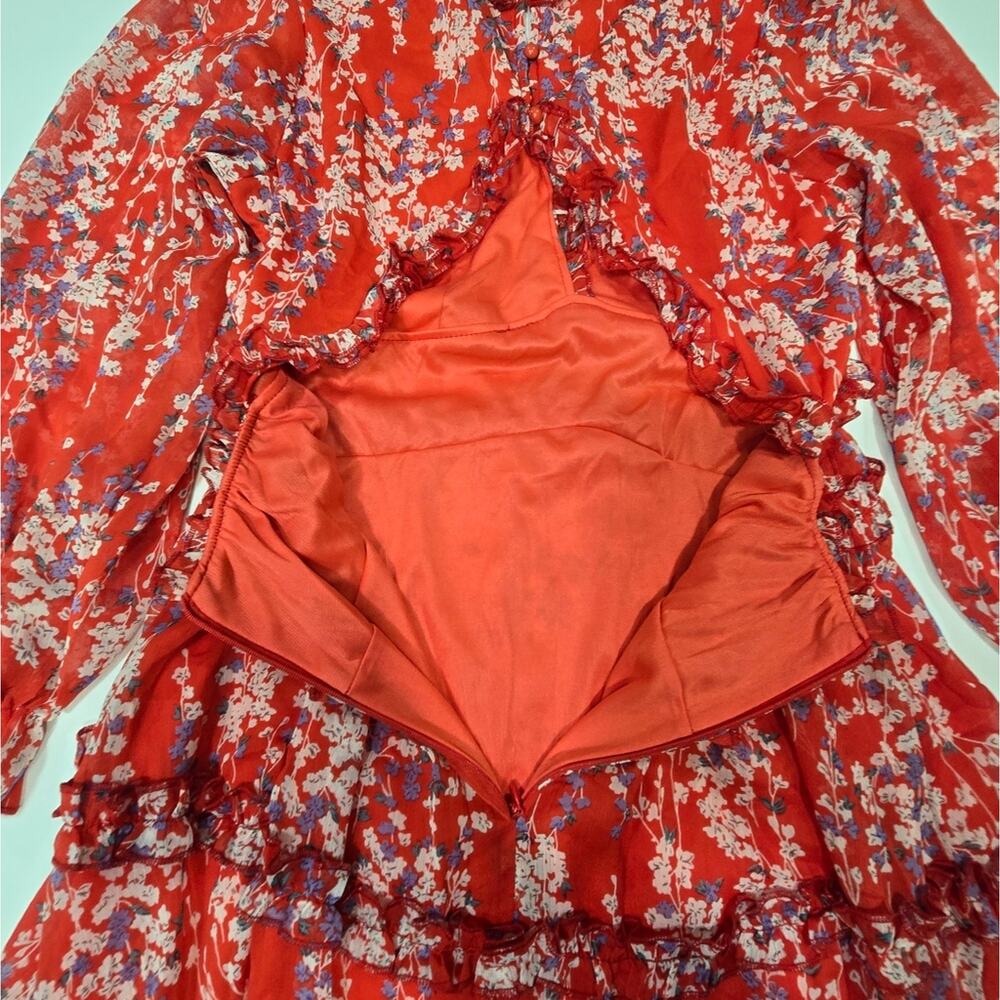 R.Vivimos Long Sleeve Floral Boho Mini Dress in Red Floral - Picture 11 of 13
